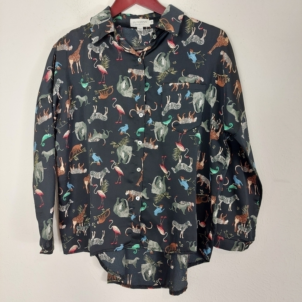 LILI SIDONIO Molly Bracken Safari Animal Print Polyester Black Blouse Jacket XS.